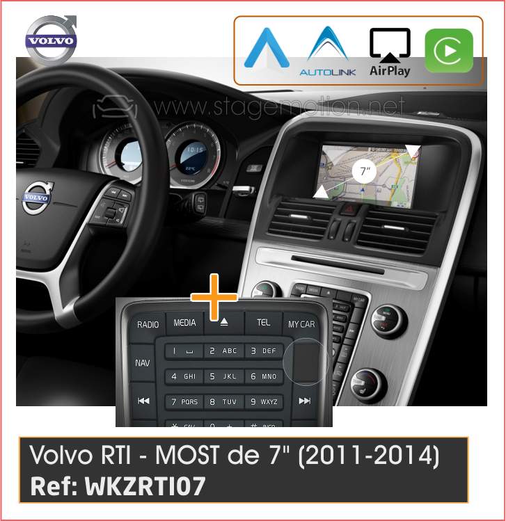 Kit Car-Play Wireless + Android Auto + USB + Cámaras Visión 180º Específico VOLVO Sensus RTI (7&quot; MOST 2011-2014) *Sin tecla &quot;Internet&quot; bajo tecla &quot;MY CAR&quot;