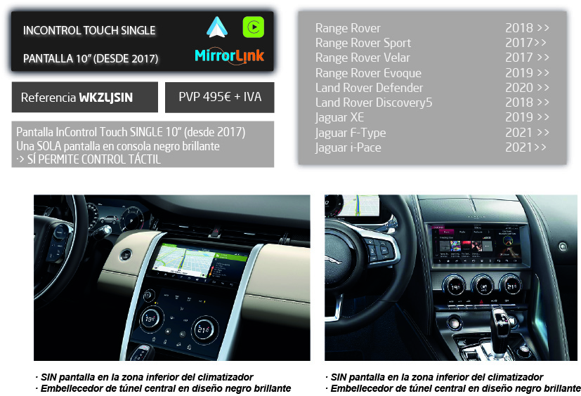 Kit Car-Play Wireless + AndroidAuto + USB LandRover/Jaguar (Versiónes InTouch 10,2&quot;) (1 Sola Pantalla)