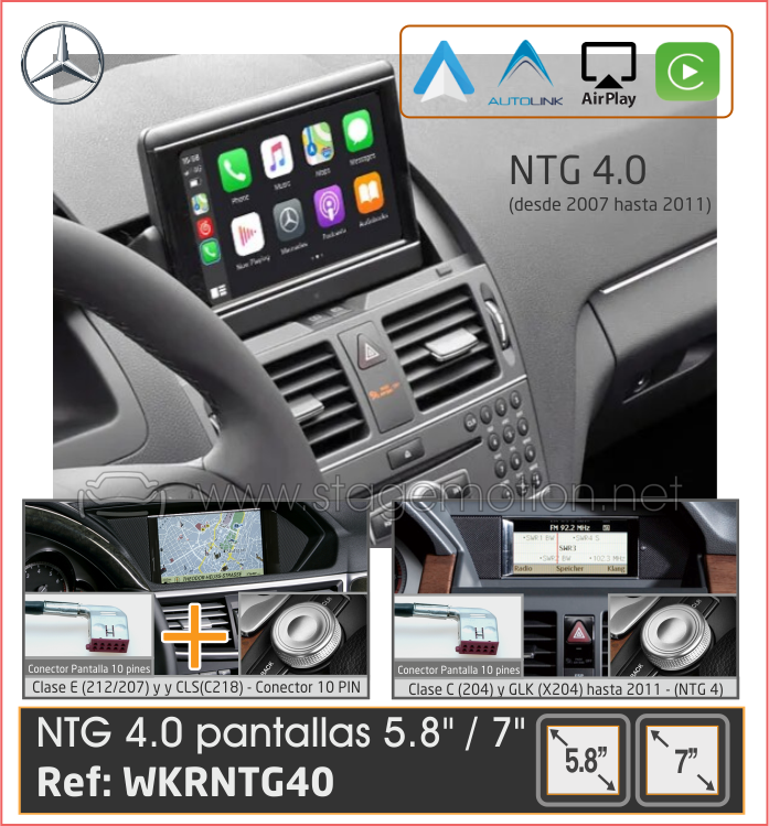 Kit Wireless Car-Play + Android Auto + Mirror-Link + USB + Puerto Cámara Visión Mercedes NTG4 (2007-2011) 5.8&quot; / 7&quot;