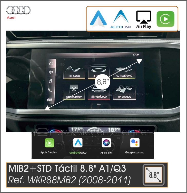 Kit Wireless Car-Play + Android Auto + Mirror-Link + USB + Puerto Cámara Visión Audi A1(GB)/Q3(F3) MIB2-STD / MIB3 Basic 8.8&quot; (2018-2021)