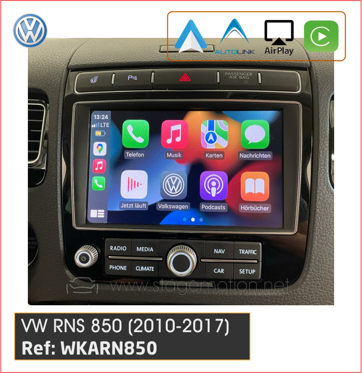 Kit Wireless Car-Play + Android Auto + Mirror-Link + USB + Puerto Cámara Visión VolksWagen Touareg RNS-850 (2010-2017)