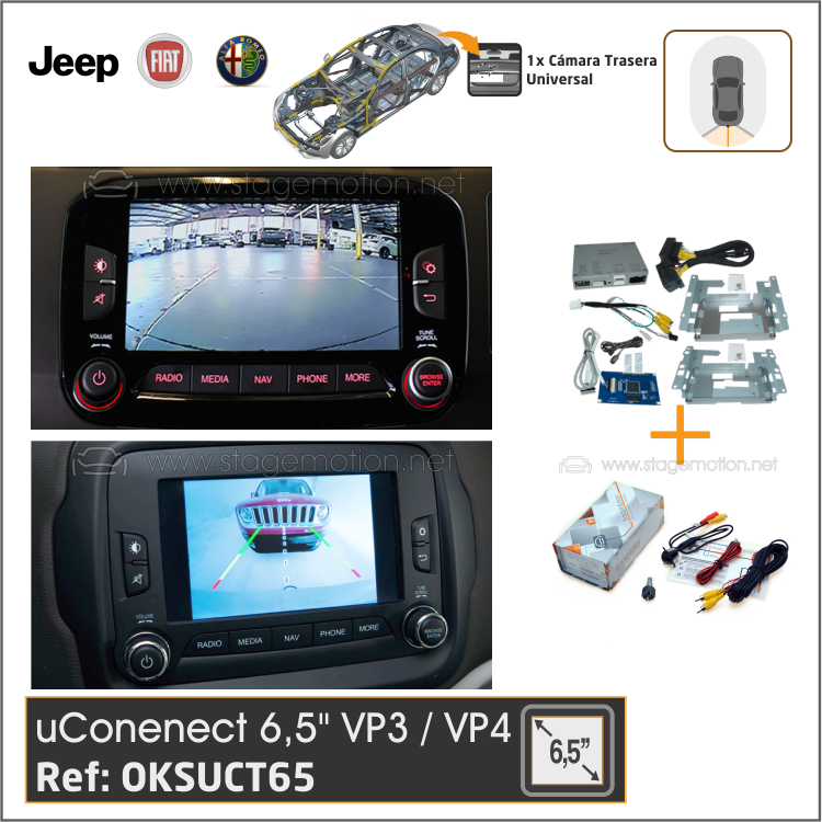 Kit RVC Integrado Interface Vídeo + Cámara Visión FIAT/Jeep/Alfa - UConnect 6.5'' VP3 y VP4 (Hardman 6,5&quot;)