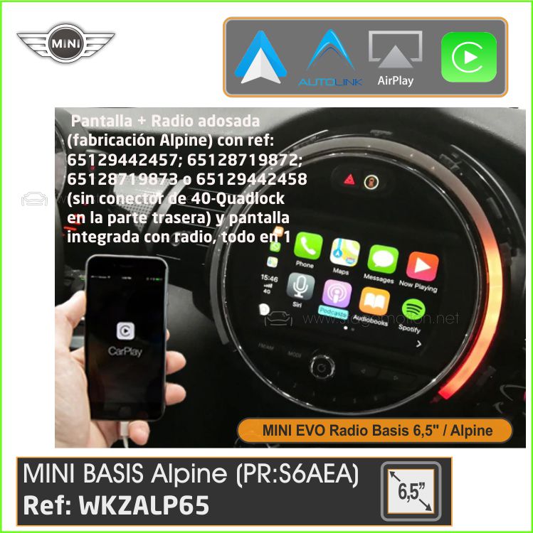 Kit Car-Play Wireless + Android Auto + USB + Cámaras Visión 180º Específico MINI (Alpine Basic 6,5&quot;) &quot;Pantalla+Radio, todo en 1&quot;
