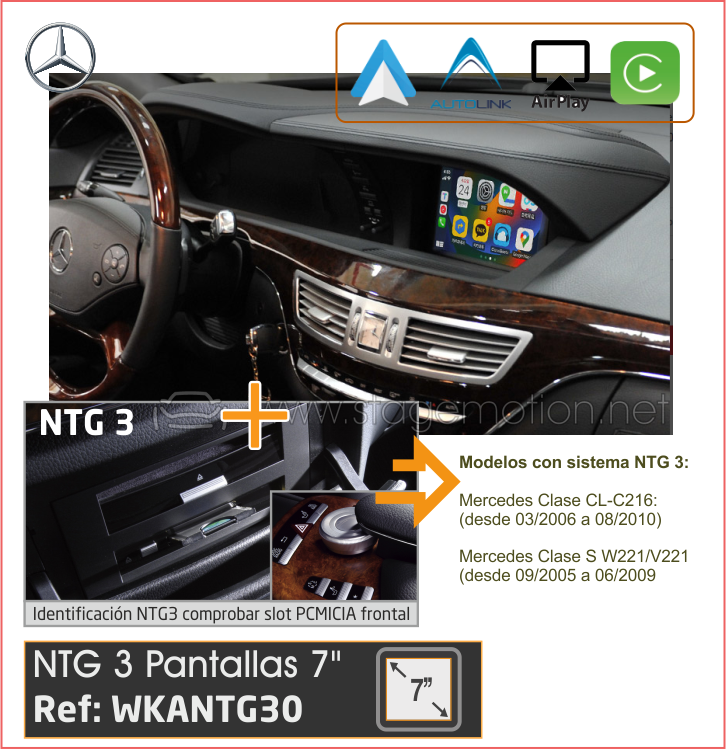 Kit Wireless Car-Play + Android Auto + Mirror-Link + USB + Puerto Cámara Visión Mercedes NTG3 (2006-2009)