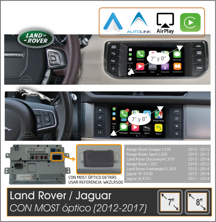 Kit Car-Play Wireless + AndroidAuto + USB LandRover/Jaguar (Versiones III y IV 7&quot;/8&quot;) MOST (2011-2019) Versión All-In-One