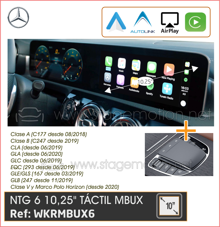 Kit Car-Play Wireless + Android Auto + USB Multimedia Mercedes MBUX NTG6 (Pantalla 10,25&quot; Táctil)