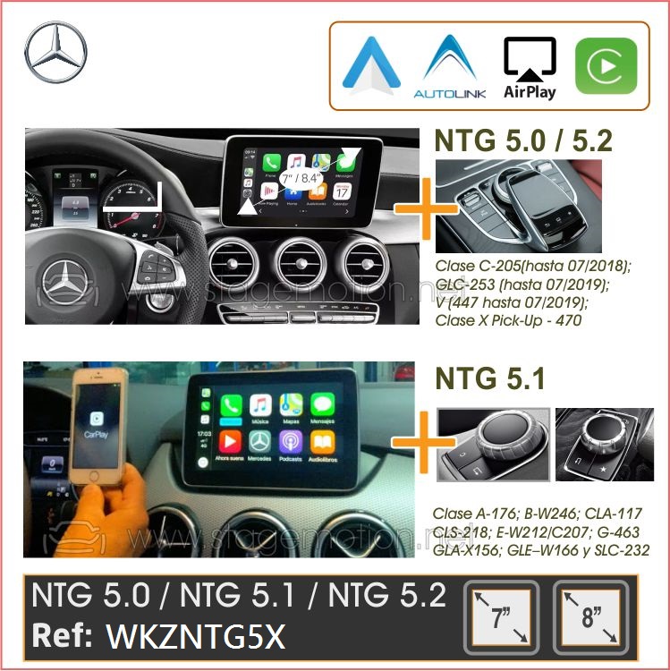 Kit MB NTG 5.0 / 5.1 / 5.2 (Audio20 7&quot; y 8.4&quot;) Car-Play Wireless + Android Auto + Mirror-Link + USB-A2DP + Visión 180º AHD